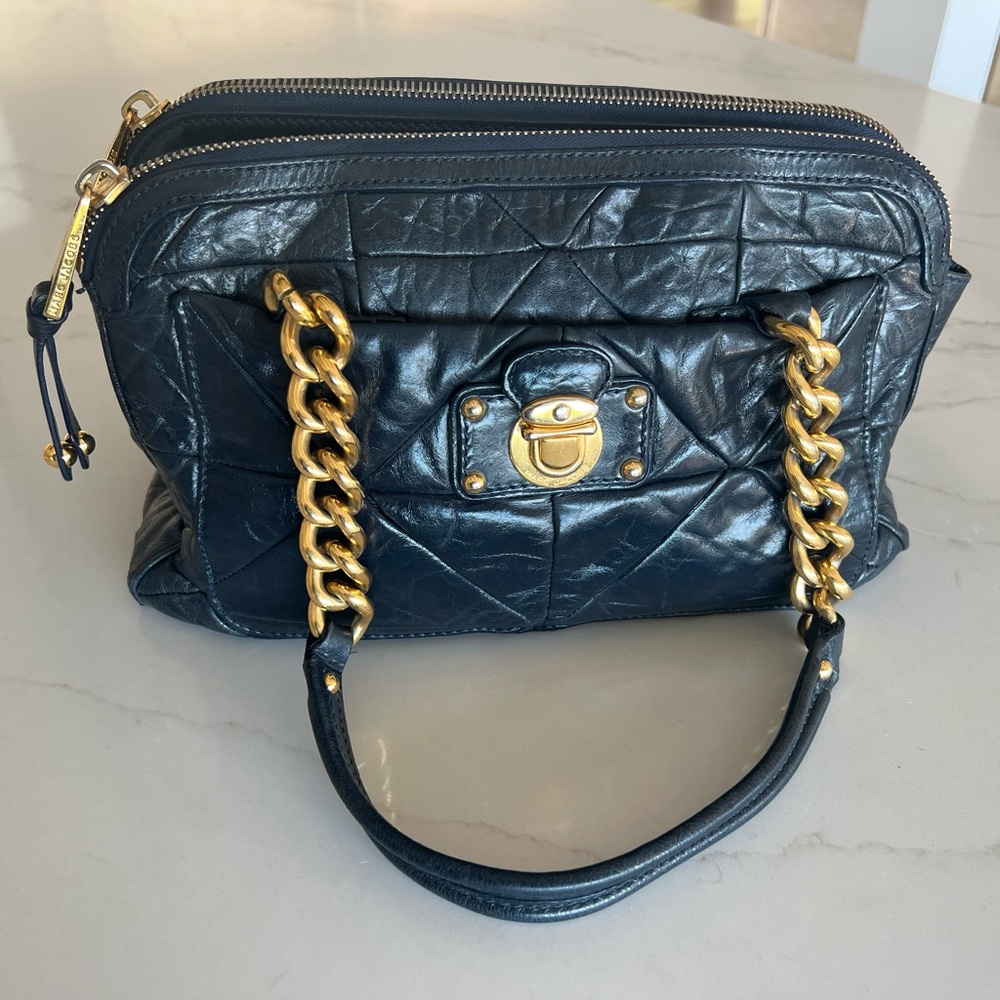 Vintage 08 Marc Jacobs Leather Navy Tote Chunky Gold Chain Handles Gold Hardware